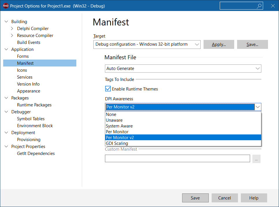 Manifest page in project options